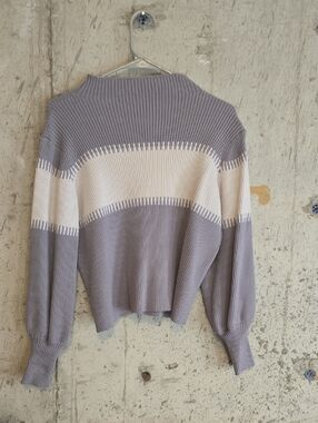 Striped Rib-Knit Crewneck Sweater in Light Gray and Cream